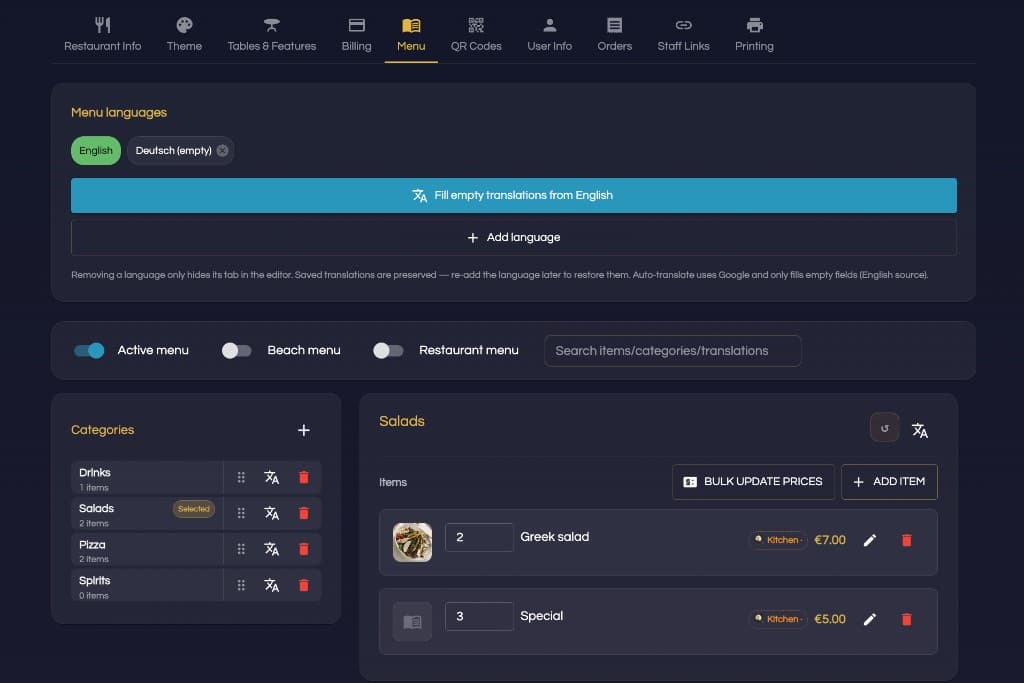 Admin menu editor with categories and items