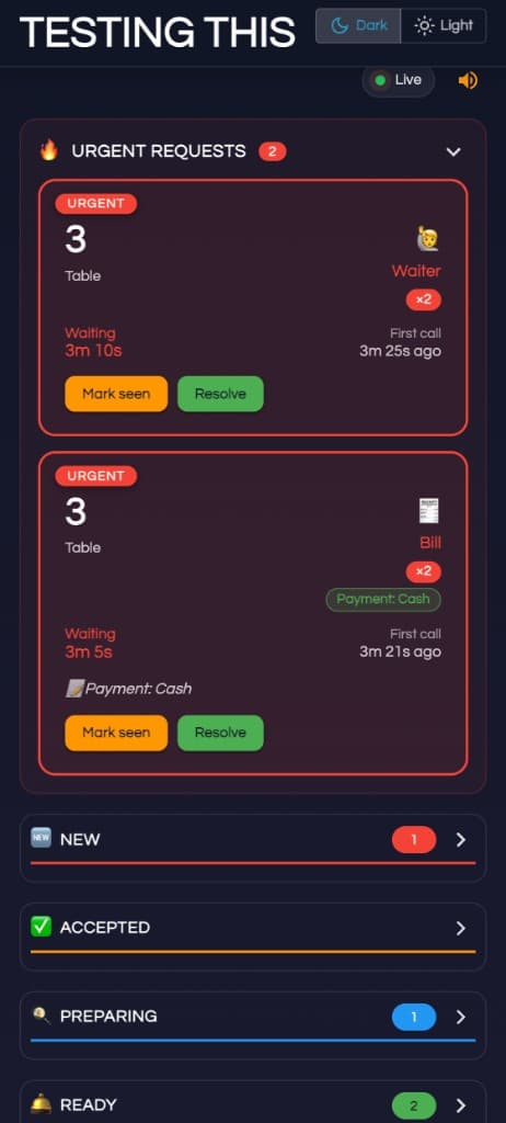 Live board with urgent waiter and bill requests