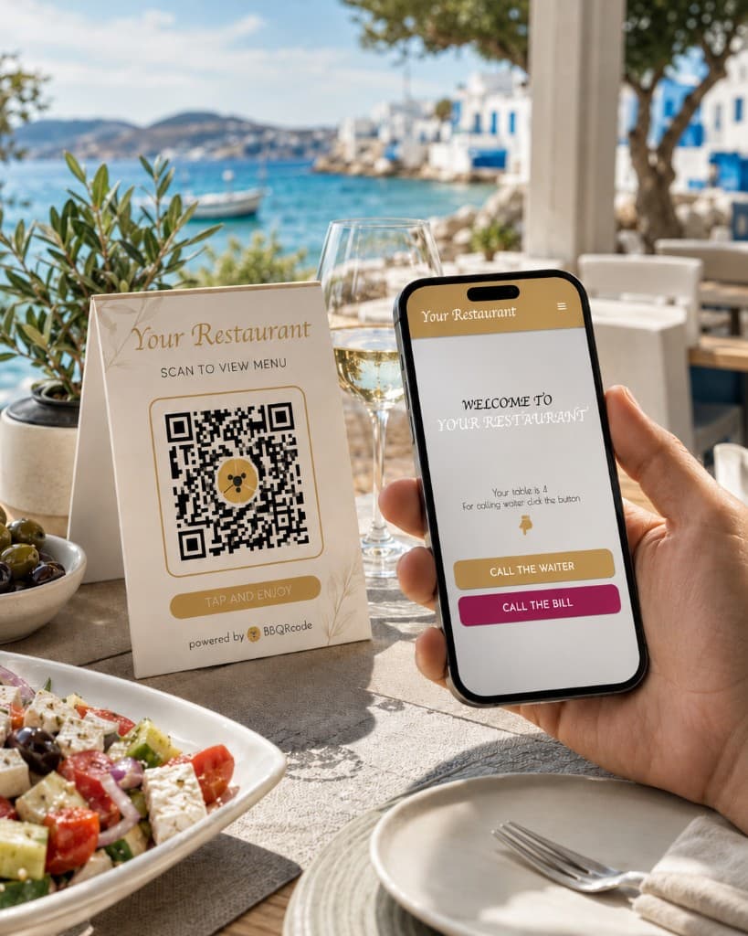 Guest scanning QR code and calling the waiter from their phone at a beach bar